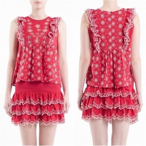 BYTIMO Fleur Anglaise Ruffled Cotton Top Red Sz. Small